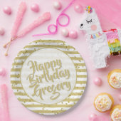 Naam | Happy Birthday Simple Stripes Pattern Gold Papieren Bordje (Feest)