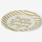 Naam | Happy Birthday Simple Stripes Pattern Gold Papieren Bordje (Gekanteld)