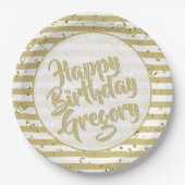 Naam | Happy Birthday Simple Stripes Pattern Gold Papieren Bordje (Voorkant)