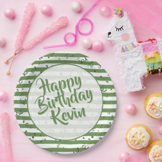 Naam | Happy Birthday Simple Stripes Pattern Green Papieren Bordje (Feest)