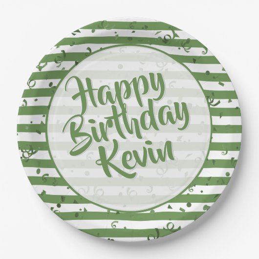 Naam | Happy Birthday Simple Stripes Pattern Green Papieren Bordje (Voorkant)
