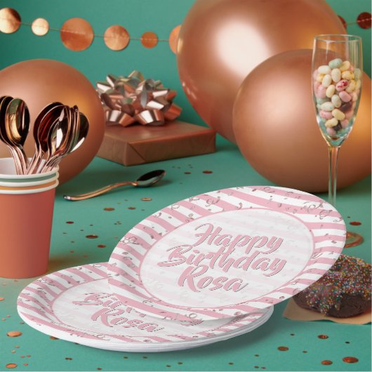 Naam | Happy Birthday Simple Stripes Pattern Pink Papieren Bordje (Multi)