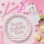 Naam | Happy Birthday Simple Stripes Pattern Pink Papieren Bordje (Feest)
