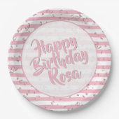 Naam | Happy Birthday Simple Stripes Pattern Pink Papieren Bordje (Voorkant)