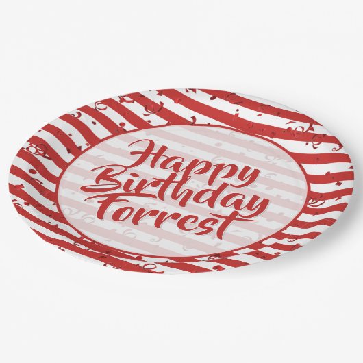 Naam | Happy Birthday Simple Stripes Pattern Red Papieren Bordje (Gekanteld)