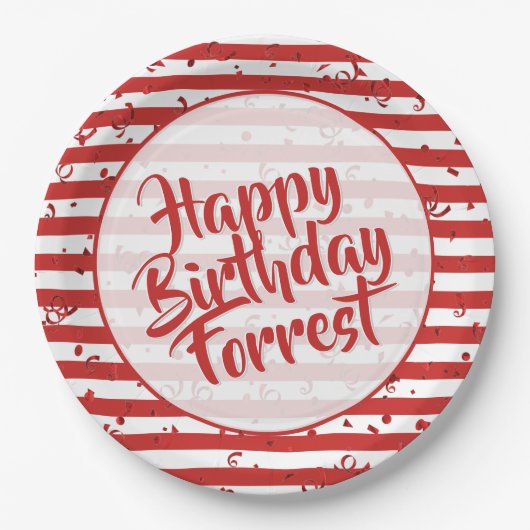 Naam | Happy Birthday Simple Stripes Pattern Red Papieren Bordje (Voorkant)