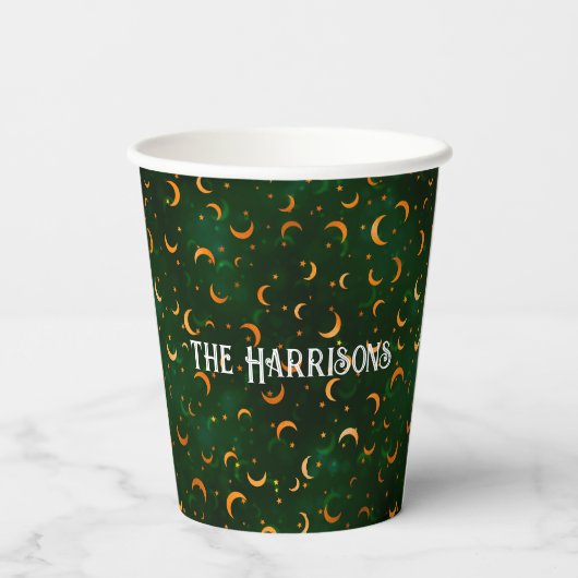 Naam, Happy Halloween Crescent Moons Patroon Papieren Bekers (Achterkant)