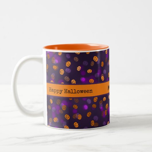 Naam, Happy Halloween Jack o Lantern Pumpkins 11oz Tweekleurige Koffiemok (Links)