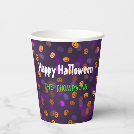 Naam, Happy Halloween Smiling Pumpkins Bokeh 8oz Papieren Bekers (Voorkant)