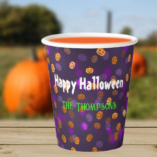 Naam, Happy Halloween Smiling Pumpkins Bokeh 8oz Papieren Bekers