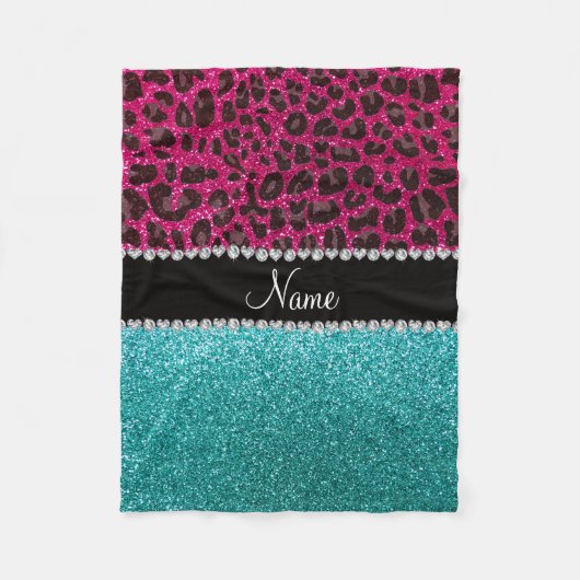 Naam hete roze glitter leopard turquoise glitter fleece deken (Voorkant)
