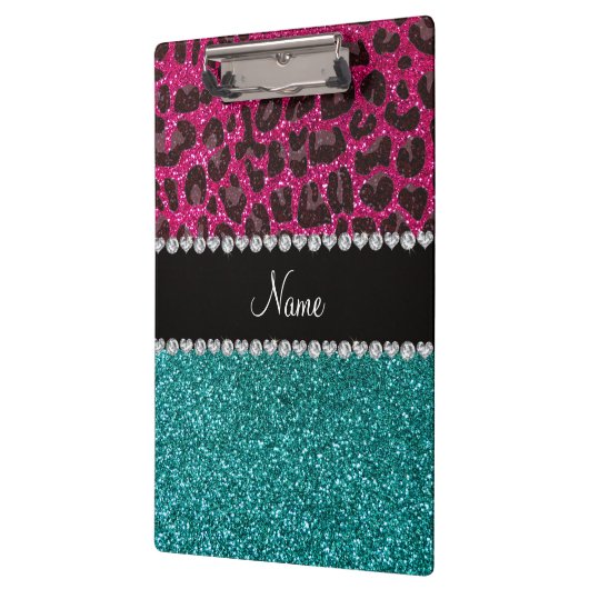 Naam hete roze glitter leopard turquoise glitter klembord (Links)