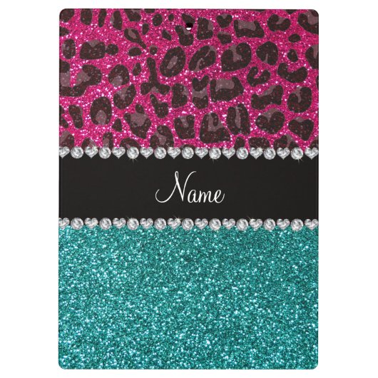 Naam hete roze glitter leopard turquoise glitter klembord (Achterkant)