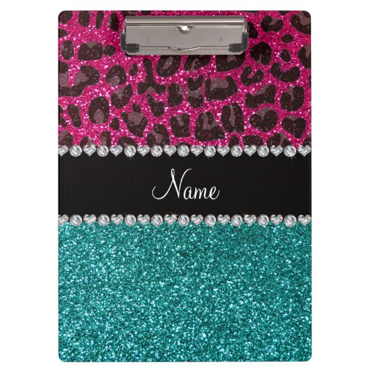 Naam hete roze glitter leopard turquoise glitter klembord (Voorkant)