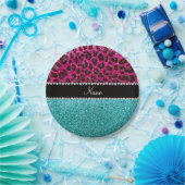 Naam hete roze glitter leopard turquoise glitter papieren bordje (Feest)