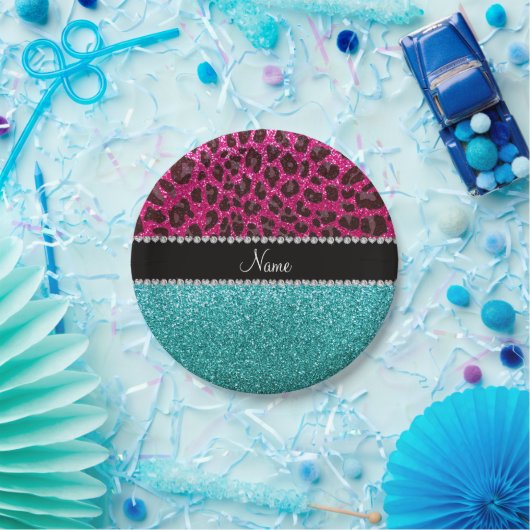 Naam hete roze glitter leopard turquoise glitter papieren bordje (Feest)