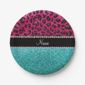 Naam hete roze glitter leopard turquoise glitter papieren bordje (Voorkant)