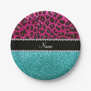 Naam hete roze glitter leopard turquoise glitter papieren bordje