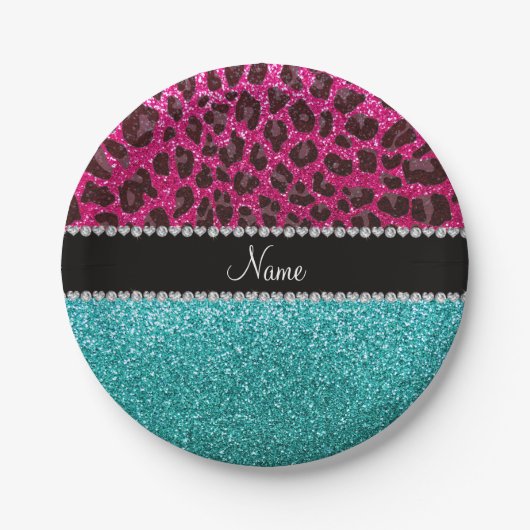 Naam hete roze glitter leopard turquoise glitter papieren bordje (Voorkant)