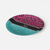 Naam hete roze glitter leopard turquoise glitter papieren bordje (Gekanteld)