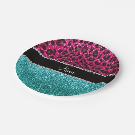Naam hete roze glitter leopard turquoise glitter papieren bordje (Gekanteld)