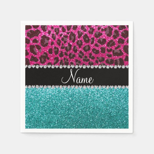Naam hete roze glitter leopard turquoise glitter servetten (Voorkant)