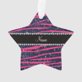 Naam hete roze zebra stripes navy blue glitter ornament (achterkant)
