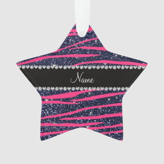 Naam hete roze zebra stripes navy blue glitter ornament (voorkant)