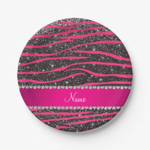 Naam hete roze zebrastrepen donkergrijze glitter papieren bordje