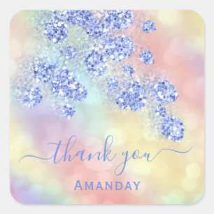 Naam Holograaf Floral Glitter Dusty Blue Vierkante Sticker