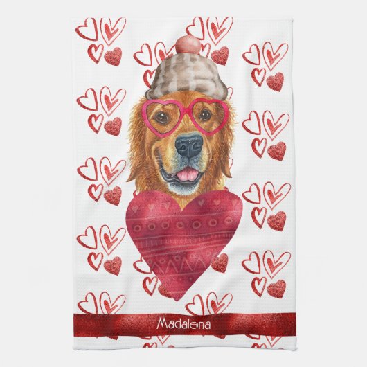 Naam Hondenliefhebber Valentijn Gift Golden Retrie Theedoek (Verticaal)