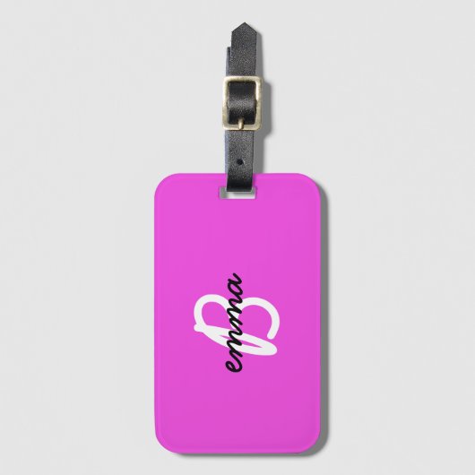 Naam Hot Pink | Moderne Initiaal Monogram Neon Bagagelabel (Voorkant (verticaal))