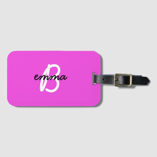 Naam Hot Pink | Moderne Initiaal Monogram Neon Bagagelabel (Voorkant (horizontaal))