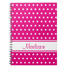 Naam Hot Pink White Polka Dot Stripe Script Notitieboek