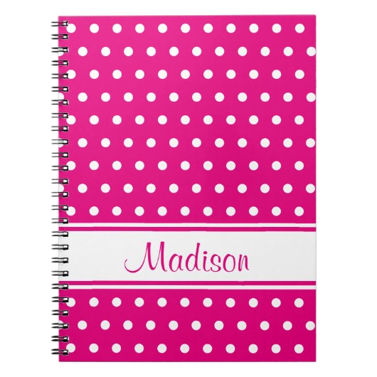 Naam Hot Pink White Polka Dot Stripe Script Notitieboek (Voorkant)
