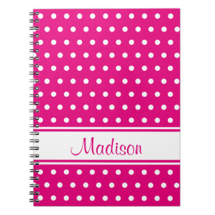 Naam Hot Pink White Polka Point Stripe Script Notitieboek