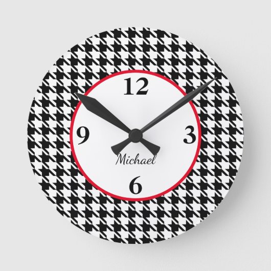 Naam, Houndstooth Patroon Rood Accent 8-in Acryl Ronde Klok (Voorkant)