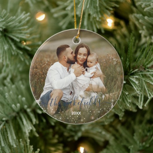 Naam in blauw Script Flares Stars kerstfoto Keramisch Ornament (Boom)