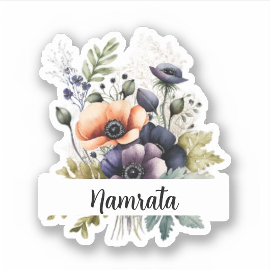 Naam in Bloom: Aangepaste Waterverf Bloemen Sticke Sticker (Voorkant)