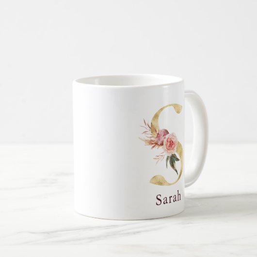 Naam in Bourgondië en Roze Bloem Monogram Letter S Koffiemok (Voorkant rechts)