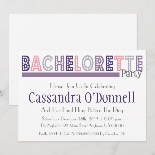 Naam in Lights Bachelorette Party Invites (Paars) Kaart (Voorkant / Achterkant)