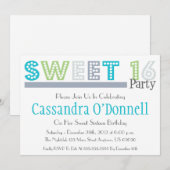 Naam in Lights Sweet 16 Party Invitations (Grey) Kaart (Voorkant / Achterkant)