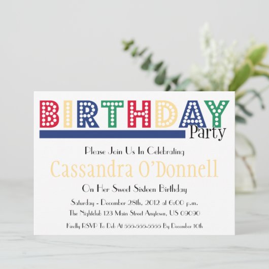 Naam in Liight Birthday Party Invitations (blauw) Kaart (Staand voorkant)