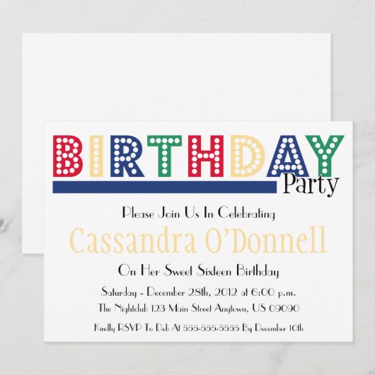 Naam in Liight Birthday Party Invitations (blauw) Kaart (Voorkant / Achterkant)