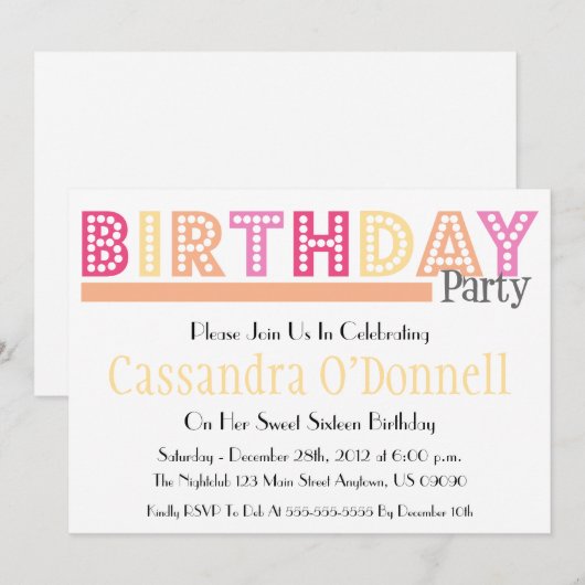 Naam in Liight Birthday Party Invitations (Oranje) Kaart (Voorkant / Achterkant)