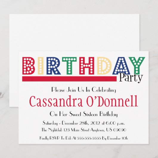 Naam in Liight Birthday Party Invitations (Red) Kaart (Voorkant / Achterkant)