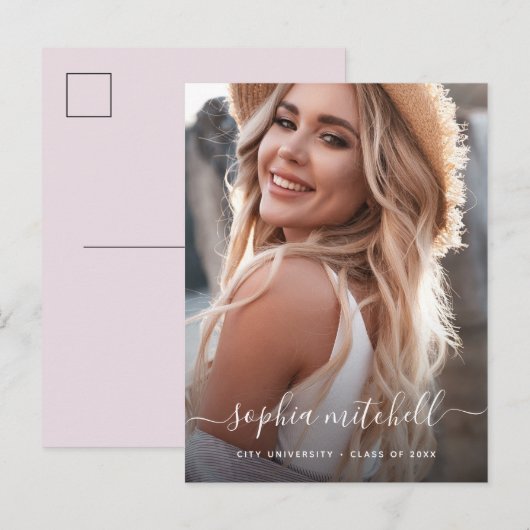 Naam in script | Blush roze foto-Afstuderen Uitnodiging Briefkaart (Voorkant / Achterkant)
