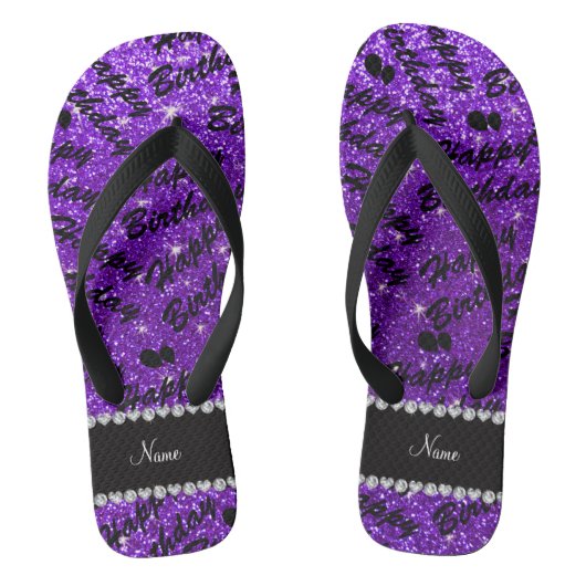 Naam indigo paarse glitter blije verjaardagsballon teenslippers (Voetbed)
