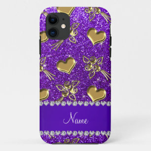 Naam indigo paarse glitter Gold rozen harten iPhone 11 Hoesje