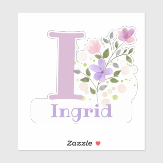 Naam Ingrid & Initiaal met Floral Design Sticker (Vel)